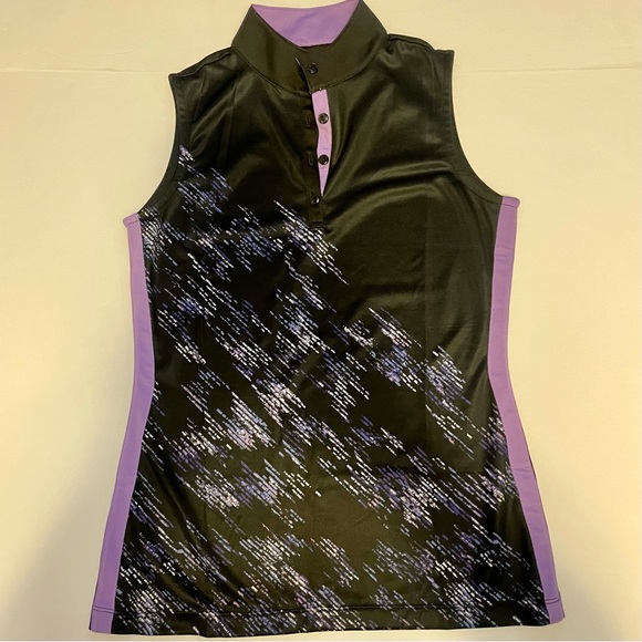 EP Pro NY Sleeveless Bias Broken Texture Print black and purple Golf Polo, XS - Picture 2 of 6